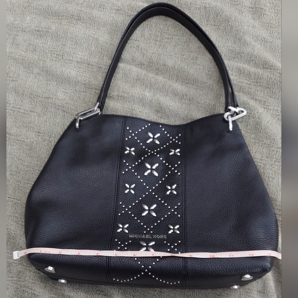 Michael Kors Leighton Large Black Pebbled Leather Shoulder Tote Silver Accent - Picture 11 of 13